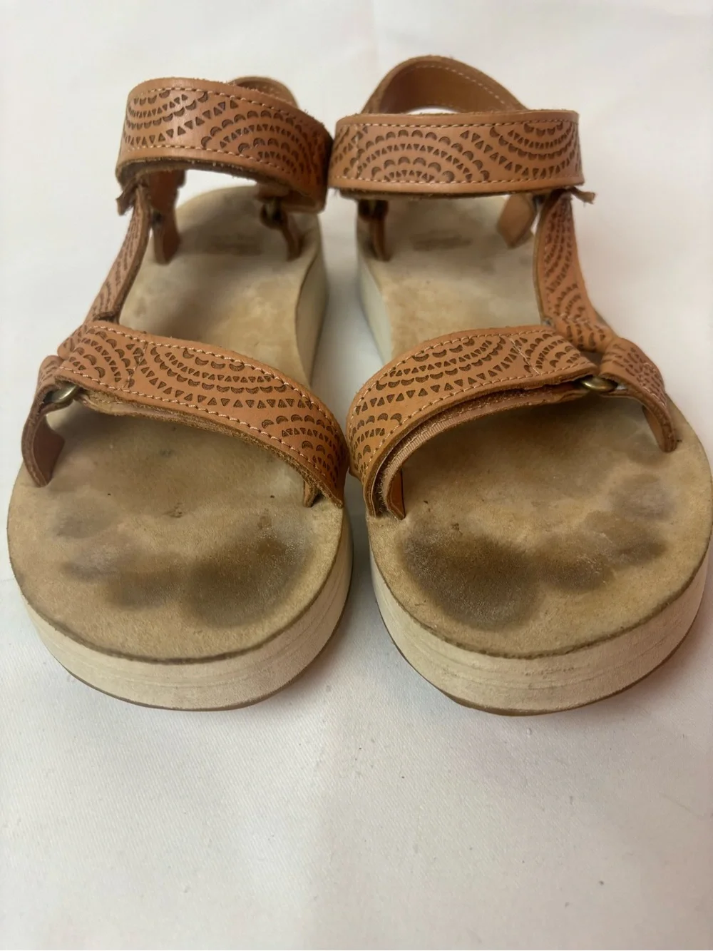 Teva Midform Universal Geometric Tan Sand Dune Leather Embossed Sandals Womens 8